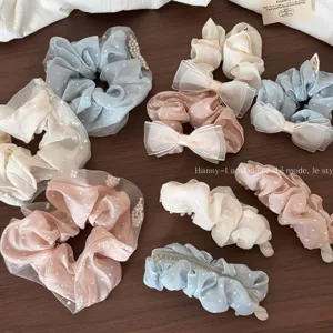 Sweet Morandi Fabric Polka Dot Hair Scrunchies With Artificial Pearl Elegant Bowknot Hair Ties Mesh Claw Clips For Women Daily Dating Accessories
