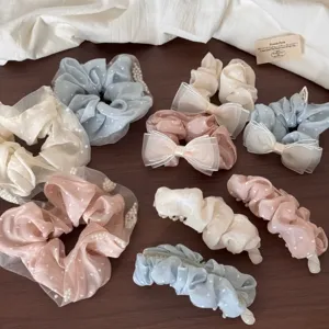 Morandi color heart polka dot organza hair scrunchies and claw clips set for women.