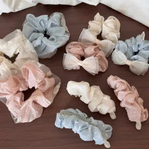 Morandi color heart polka dot fabric pearl hair scrunchies cute hair accessories set