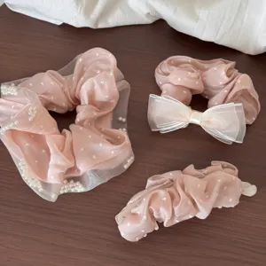 Korean style pink heart polka dot fabric hair scrunchies set with pearls and elegant bowknot.