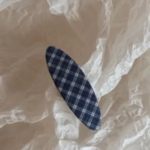 Korean style blue plaid hair clip cute snap bobby pin for bangs and side hair styling.