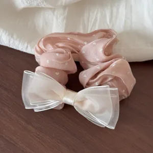 Elegant pink heart polka dot scrunchie with sheer organza bow aesthetic hair tie for women