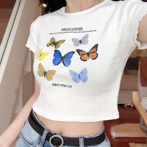 Women's Modal Crop Top Butterfly Letter Print Short Sleeve Round Neck Slim Fit T-shirt Y2K Style White Navel Tee