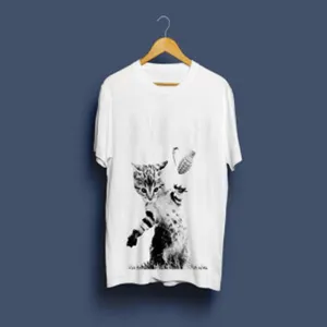 White casual short sleeve women t-shirt with cute cat print graphic design stylish top.