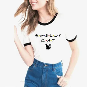 Casual white ringer t-shirt featuring a cute cat graphic and playful lettering detail.