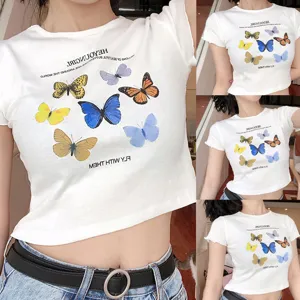 Women white crop top short sleeve t-shirt with butterfly print stylish Y2K slim fit tee