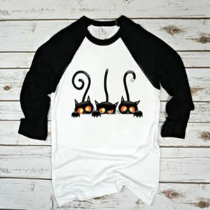 Women's casual raglan long sleeve t-shirt featuring cute black cats graphic print top.
