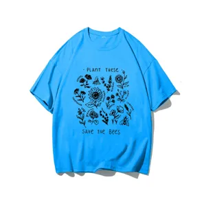 Blue botanical print short sleeve t-shirt with plant these save the bees graphic for casual summer wear.
