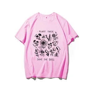 Pink short sleeve t shirt with cute botanical save the bees graphic print casual top