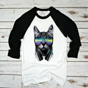 Women's casual raglan short-sleeve t-shirt featuring a stylish cool cat graphic print.