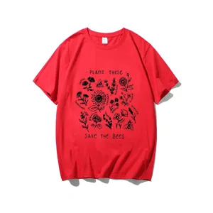 Red short sleeve t-shirt with botanical bee save print casual cotton tee top for men women