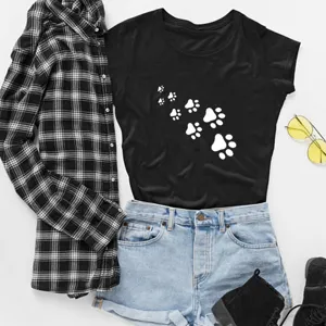 Casual black women's short sleeve t-shirt with white cat paw print, stylish daily outfit.