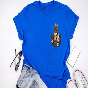 Blue t-shirt detail featuring a cute German shepherd puppy print pocket design in flat lay.