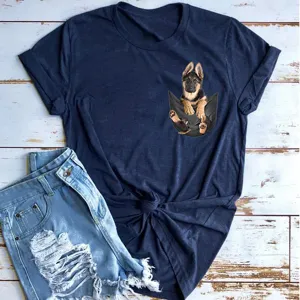 Casual dark blue t-shirt featuring a cute German Shepherd puppy pocket print design.