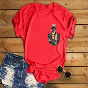 2024 New Women Short Sleeve T-Shirt Casual Red Tee with Cute Dog Pocket Graphic Top