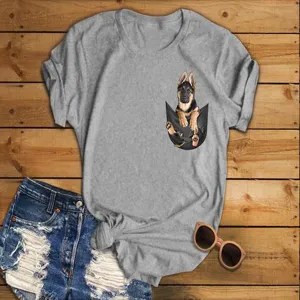 Casual grey short sleeve T-shirt featuring a cute puppy pocket graphic print for daily wear.