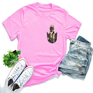 Pink short sleeve T-shirt with cute German Shepherd puppy graphic pocket print casual top.