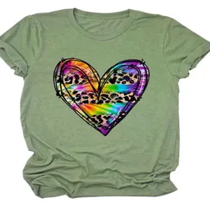 Casual green short sleeve t-shirt featuring a colorful leopard heart graphic print on chest.