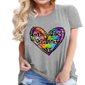 Grey short sleeve t-shirt featuring a vibrant colorful tie dye leopard heart graphic detail.