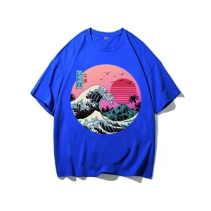 Detailed view of the blue retro wave graphic t-shirt, Harajuku streetwear cotton tee.