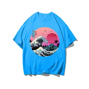 Light blue graphic t-shirt featuring a retro vaporwave great wave and sun aesthetic print.