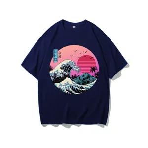 Retro Japanese wave graphic t-shirt, harajuku street style casual cotton tee for daily wear.