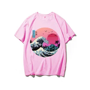 Pink retro vaporwave wave print short sleeve t-shirt casual streetwear cotton tee