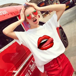 T-Shirt Imprimé Lèvres Sexy pour Femmes Été Mode Blanc Manches Courtes Top Décontracté Col Rond Modal Mélange de Coton Tee