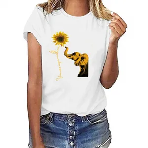 Casual wit t-shirt met korte mouwen en een leuke olifant zonnebloem grafische print.