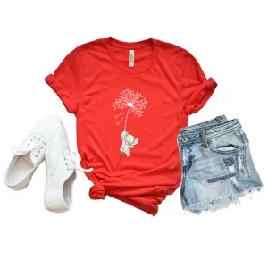 Red short-sleeve t-shirt detail showing cute elephant and dandelion print, casual style.