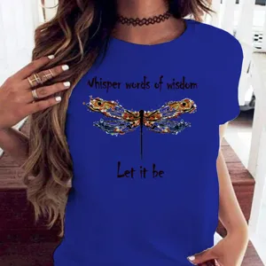 T-shirt décontracté bleu pour femme avec graphique de libellule et citations inspirantes.