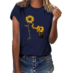 Dames casual korte mouw ronde hals t-shirt met schattige olifant en zonnebloem print.