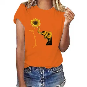 Oranje dames korte mouw t-shirt met olifant zonnebloem print casual zomertop voor vrouwen.