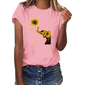 Casual roze t-shirt met korte mouwen voor dames met schattige olifant en zonnebloem print.