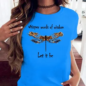 T-shirt femme décontracté manches courtes bleu col rond graphique libellule design haut.