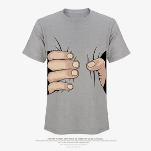 Grey short sleeve t-shirt with funny hand graphic cartoon print for men and women casual wear.