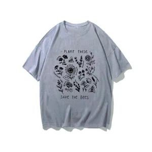 Grey short sleeve t-shirt with botanical plant and bee graphic print, casual cotton tee.