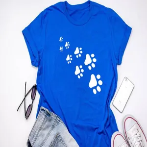 Blue short sleeve t-shirt with cute white paw print graphic detail design for casual wear.