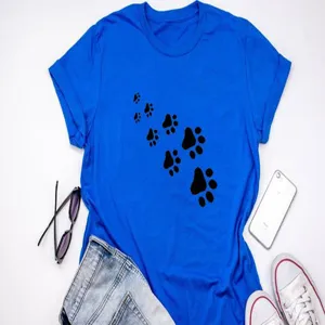Casual blue short sleeve women's t-shirt featuring a cute black cat paw print graphic.