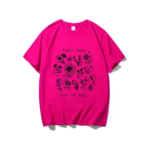 Graphic print detail of the botanical T-shirt featuring flower illustrations and slogan.