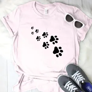 Women's casual short sleeve t-shirt featuring cute black cat paw print design for daily wear.