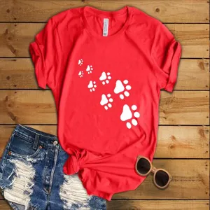 Red short sleeve t-shirt with cute white animal paw prints casual top for women daily wear