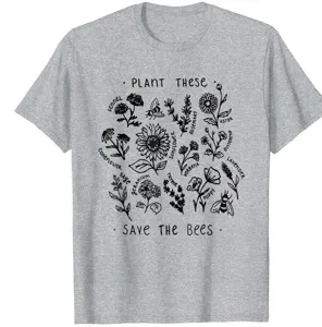 Plant save the bees graphic print grey short sleeve t-shirt casual unisex top summer wear