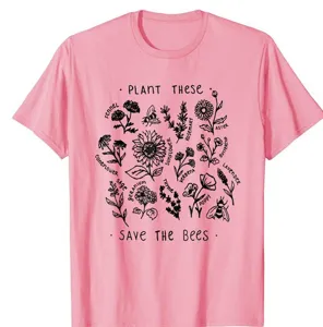 Pink graphic t-shirt plant these save the bees botanical illustration casual short sleeve tee