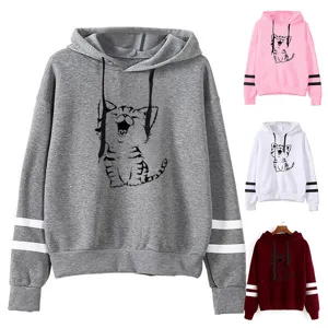 Unisex Cat Print Striped Sleeve Hooded Sweatshirt Casual Polyester Long Sleeve Hoodie Jacket Top