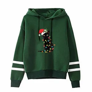Casual dark green hoodie with double stripe sleeves and cute Christmas black cat graphic print.