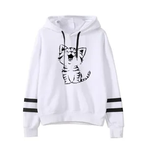 Close-up details of white hoodie featuring black sleeve stripes and cute cat graphic print.