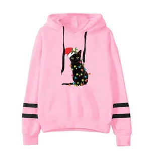 Pink hoodie featuring a cute black cat with Christmas hat and lights, casual long sleeves.