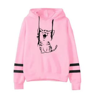 Pink hooded sweatshirt for men and women featuring a cute cat print and black sleeve stripes.