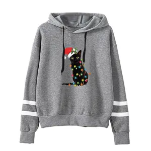 Christmas black cat print hoodie detail, casual gray long sleeve sweatshirt with dual stripes.